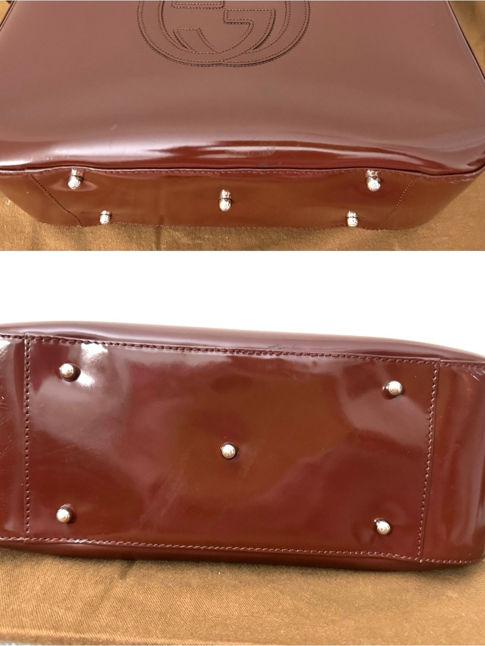 Authentic Gucci Glossy Brown Patent Leather Satchel with Double G Emboss - Picture 16 of 16